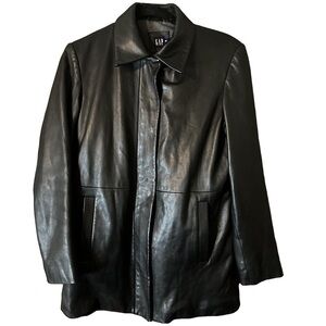 GAP Y2K Vintage Black Leather Zip-Up Snap Jacket Women’s Wool Mix Inside Sz S